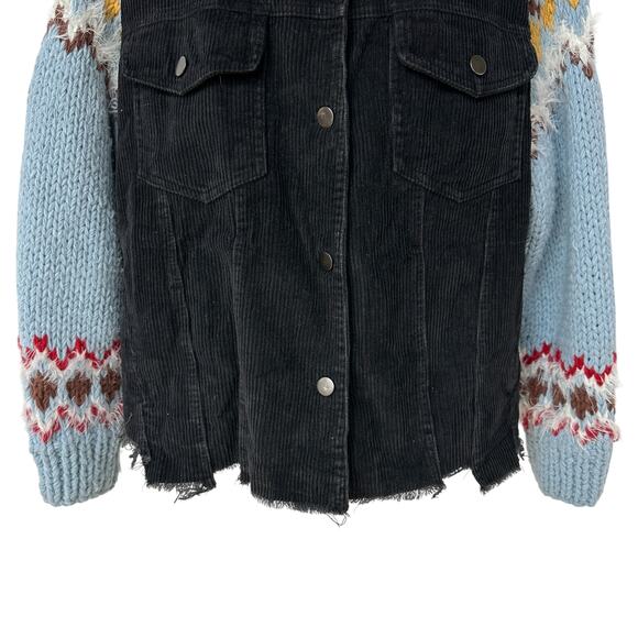 POL Trucker Jacket Black Corduroy Blue Knit Sweater Sleeves Women's Size Medium - Picture 6 of 10
